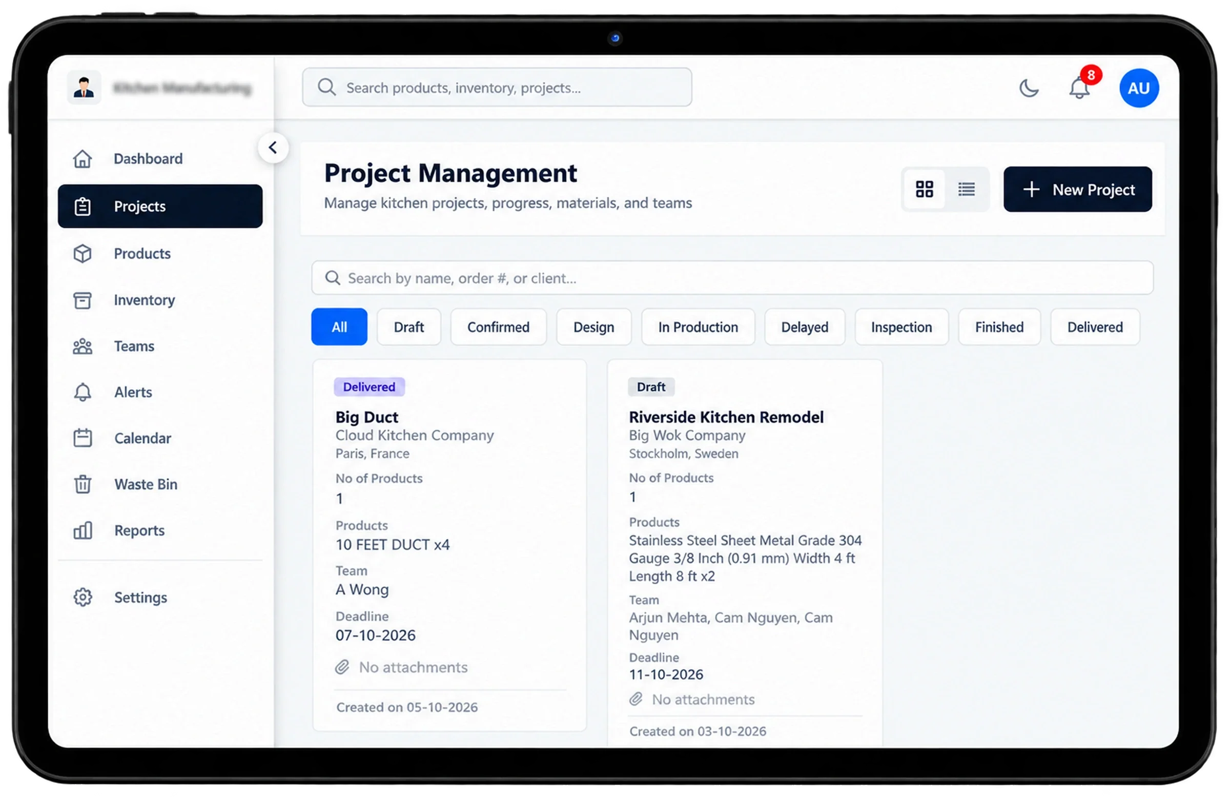 Project management board with status filters for Draft, Confirmed, Design, In Production, Delayed, Inspection, Finished and Delivered, and project cards listing products, team and deadline.