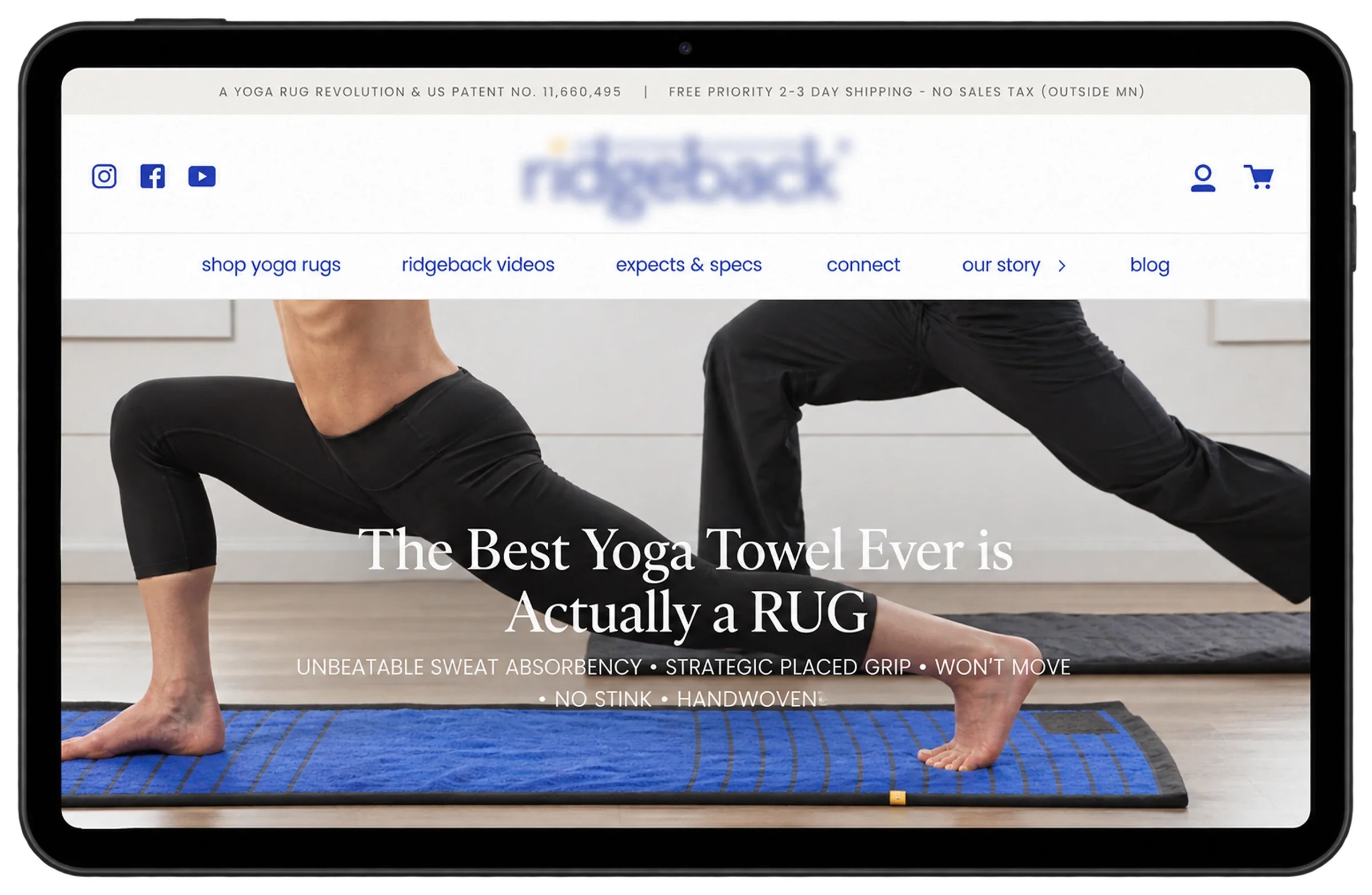 Store homepage with a yoga lifestyle photo, product benefits and a shop call to action