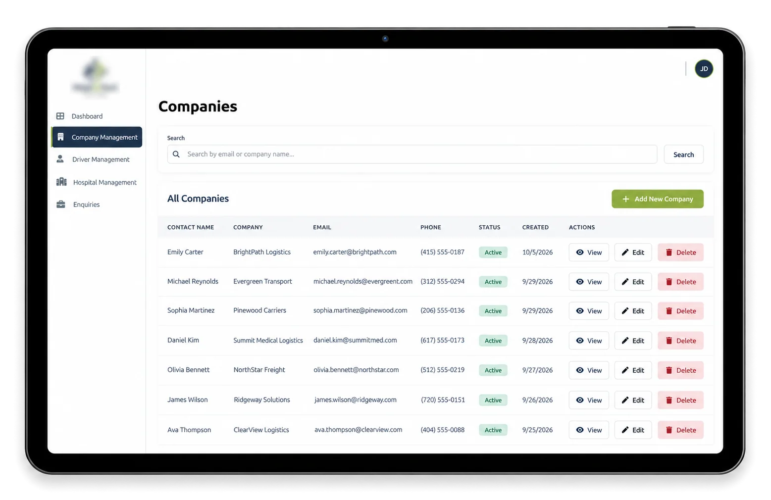 Companies list with contact name, company, email, phone, status and created date, and view, edit and delete actions.