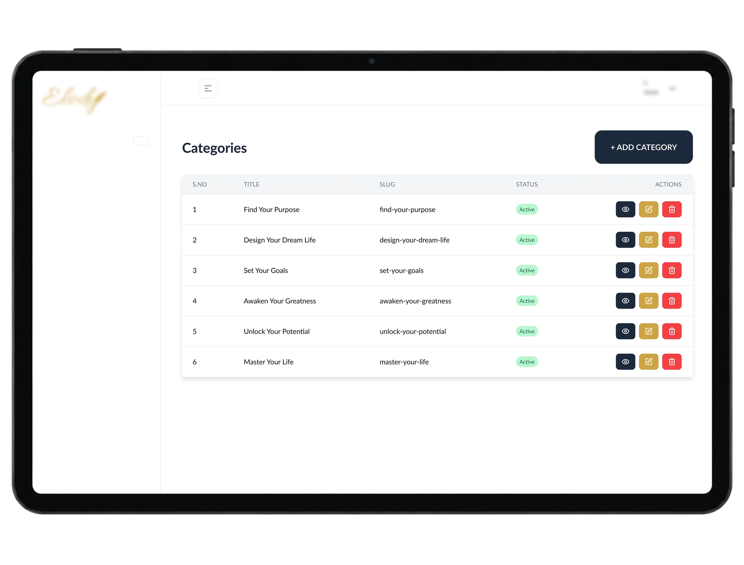 Categories list showing the six guided tools, from Find Your Purpose to Master Your Life