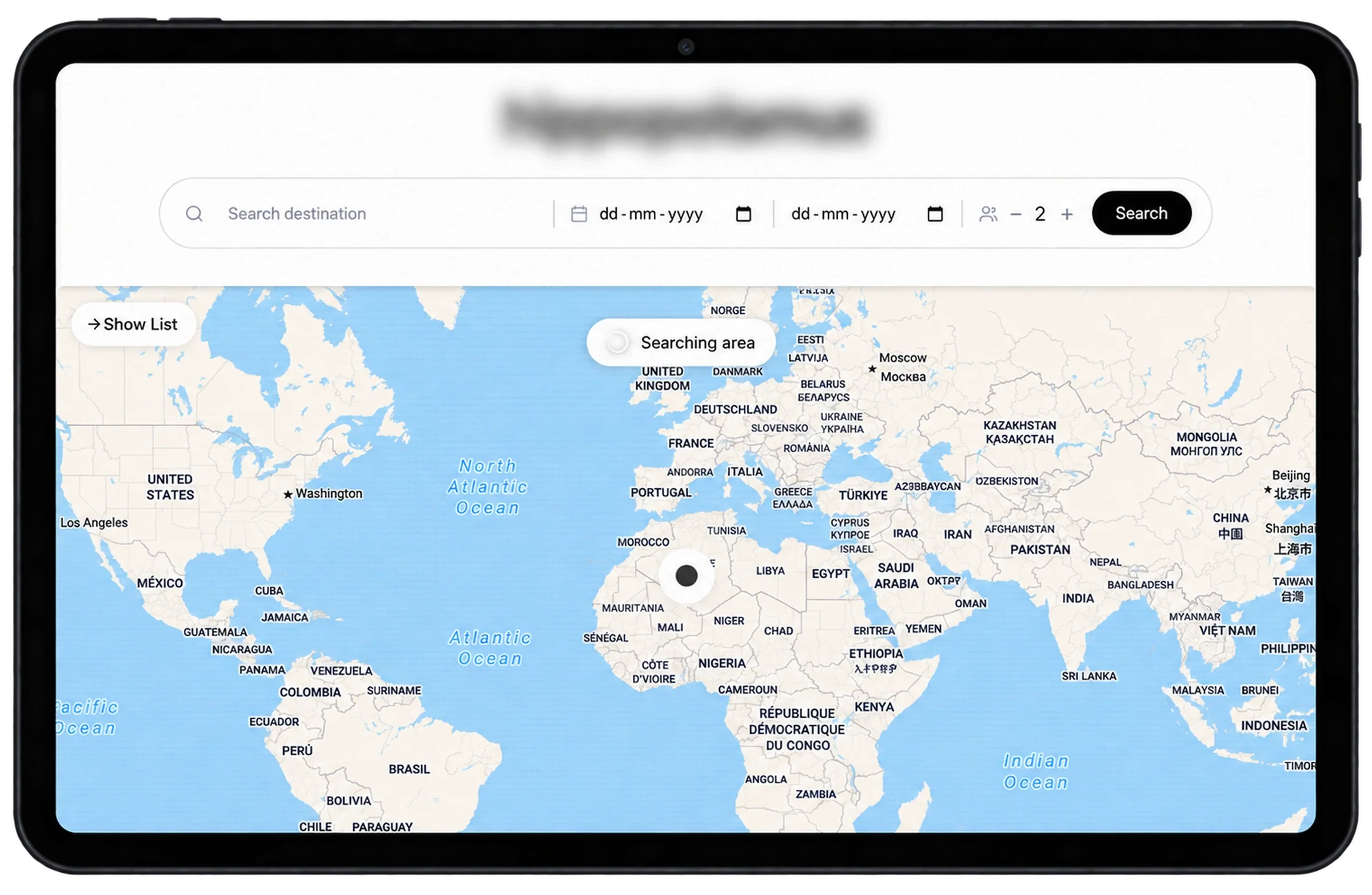 Interactive map showing surf spots and nearby accommodation locations.